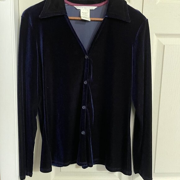 Max Studio Vintage Womens Y2K Blue Velvet Button Up Lightweight Cardigan Large - Picture 4 of 5